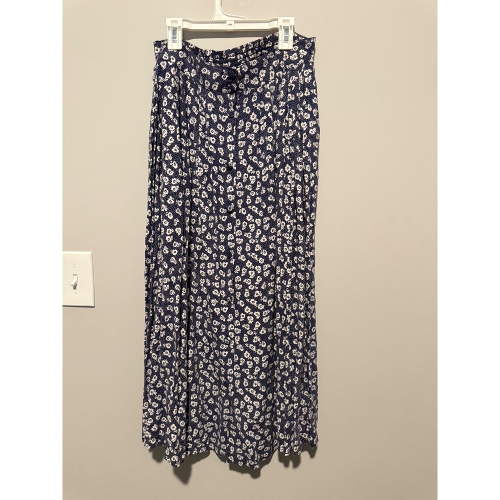 Vintage Capacity Navy Blue Floral Polka Dot Rayon Button Front Midi Skirt Medium